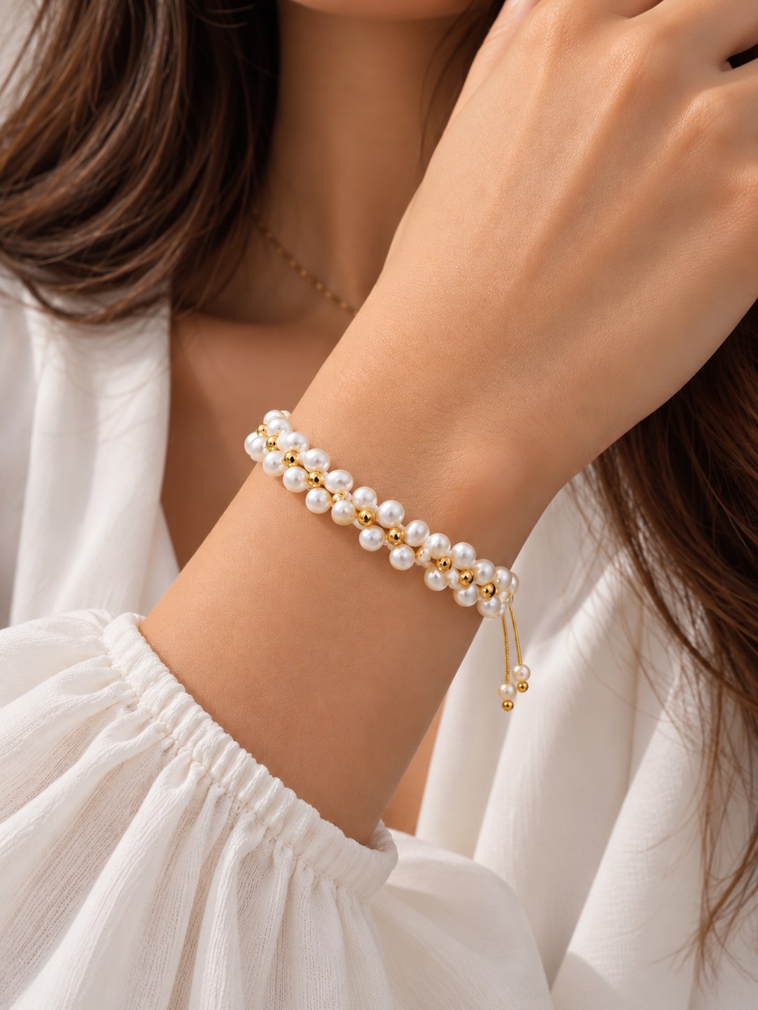 Bracelet de perles et or porté au poignet